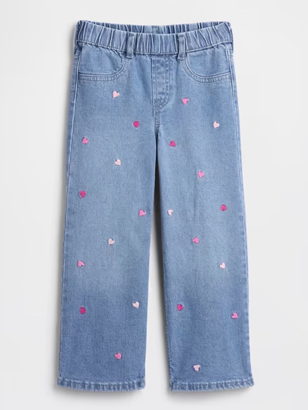 babyGap Pull-On Wide-Leg Blue Denim Jeans Embroidered Pink Hearts Girl 4T